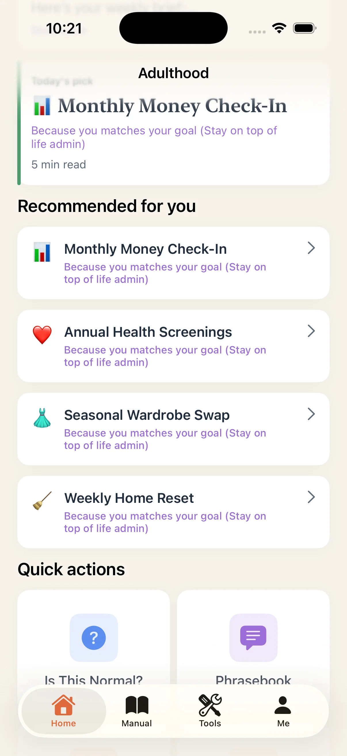 Adulthood home screen with today’s pick and quick actions