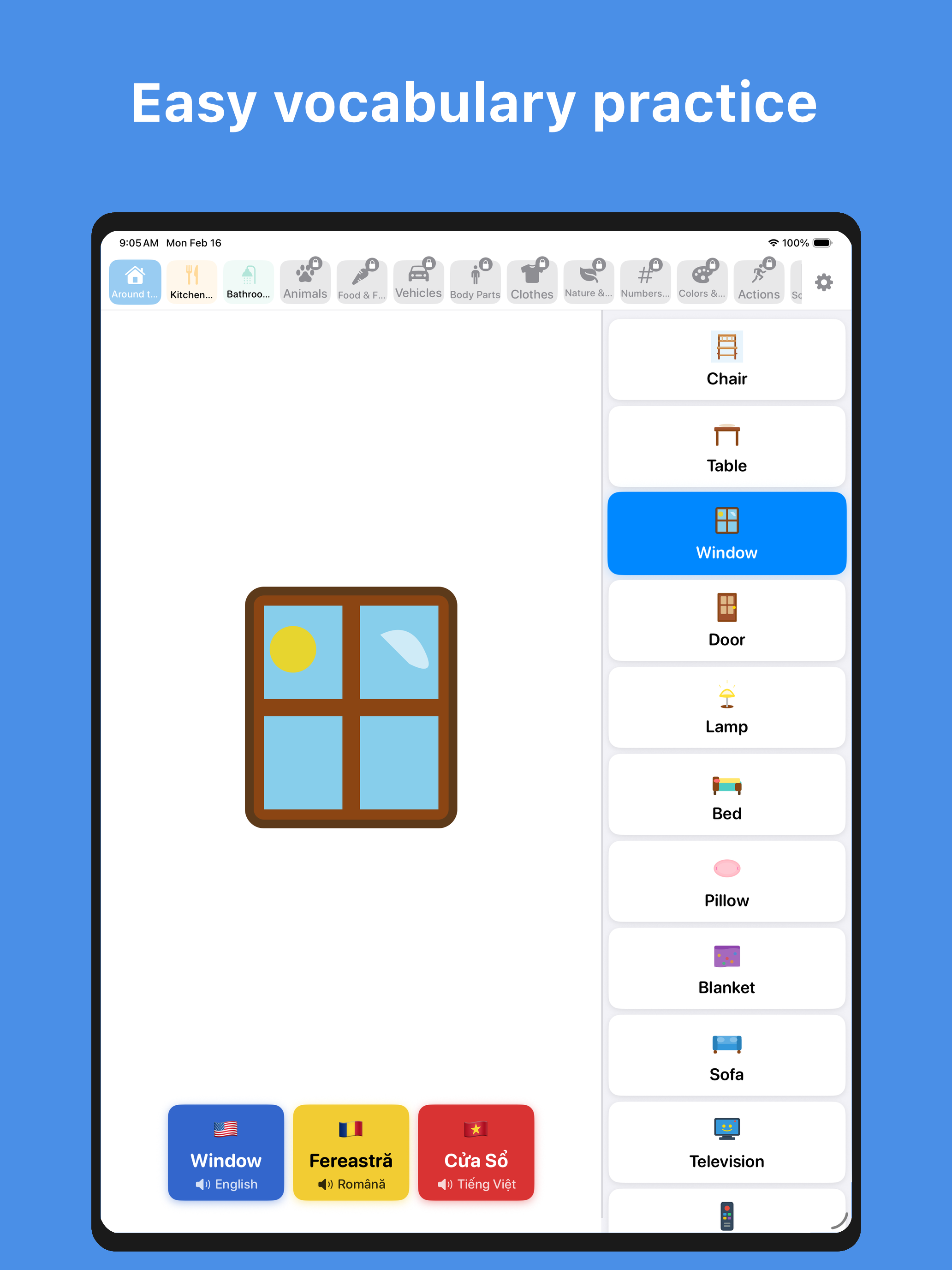 AI Kiddo showing vocabulary practice with household items
