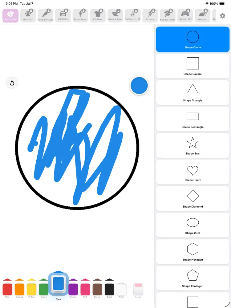 Coloring Kiddo child-safe interface with simple drawing choices