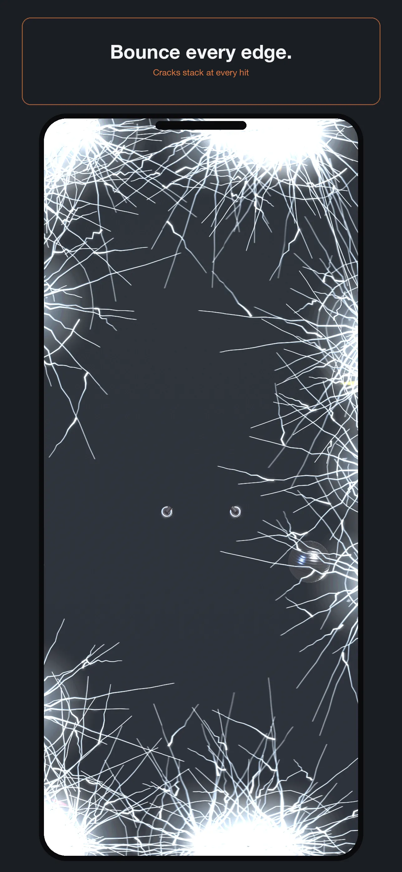 Pane Shatter — ball mid-flight, cracking the glass edge