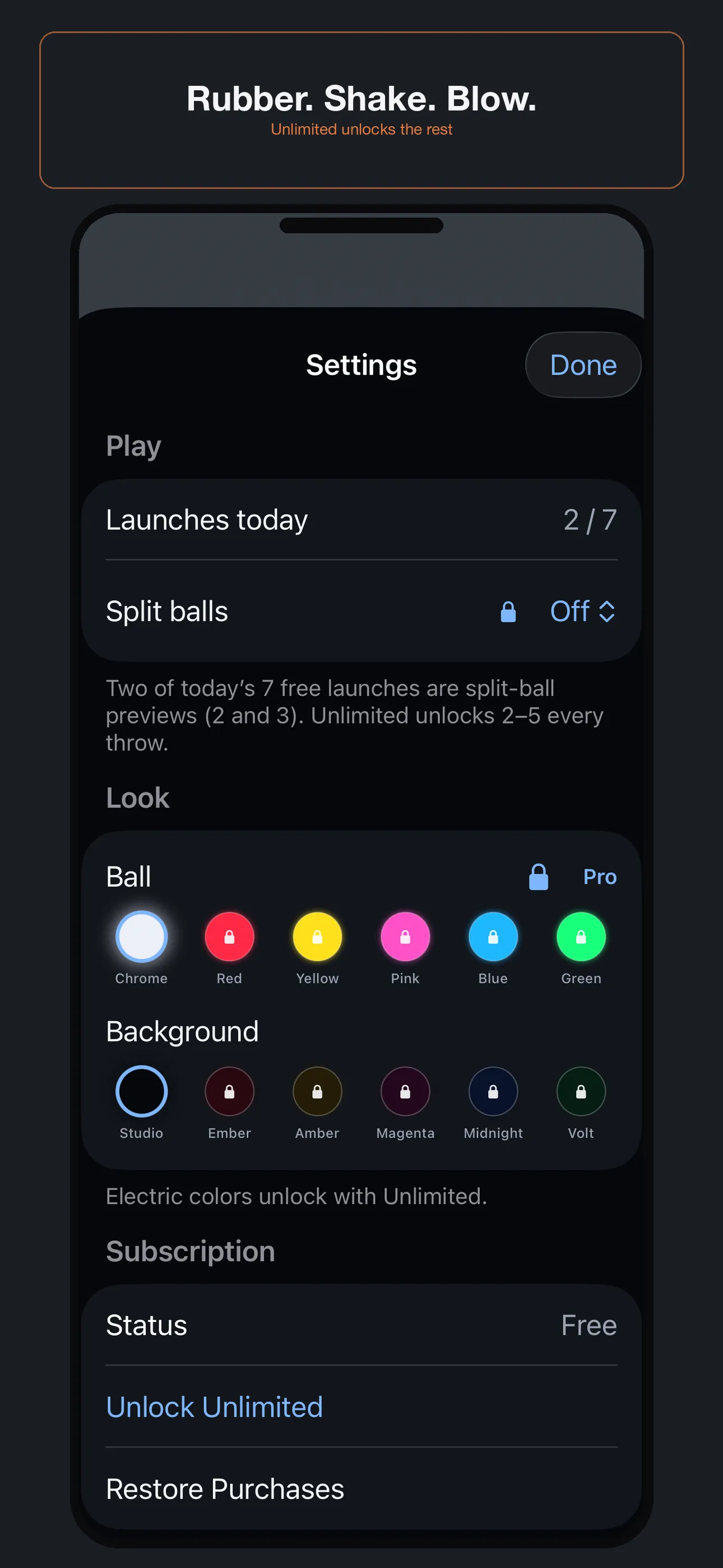 Pane Shatter — settings with launches, subscription and gallery