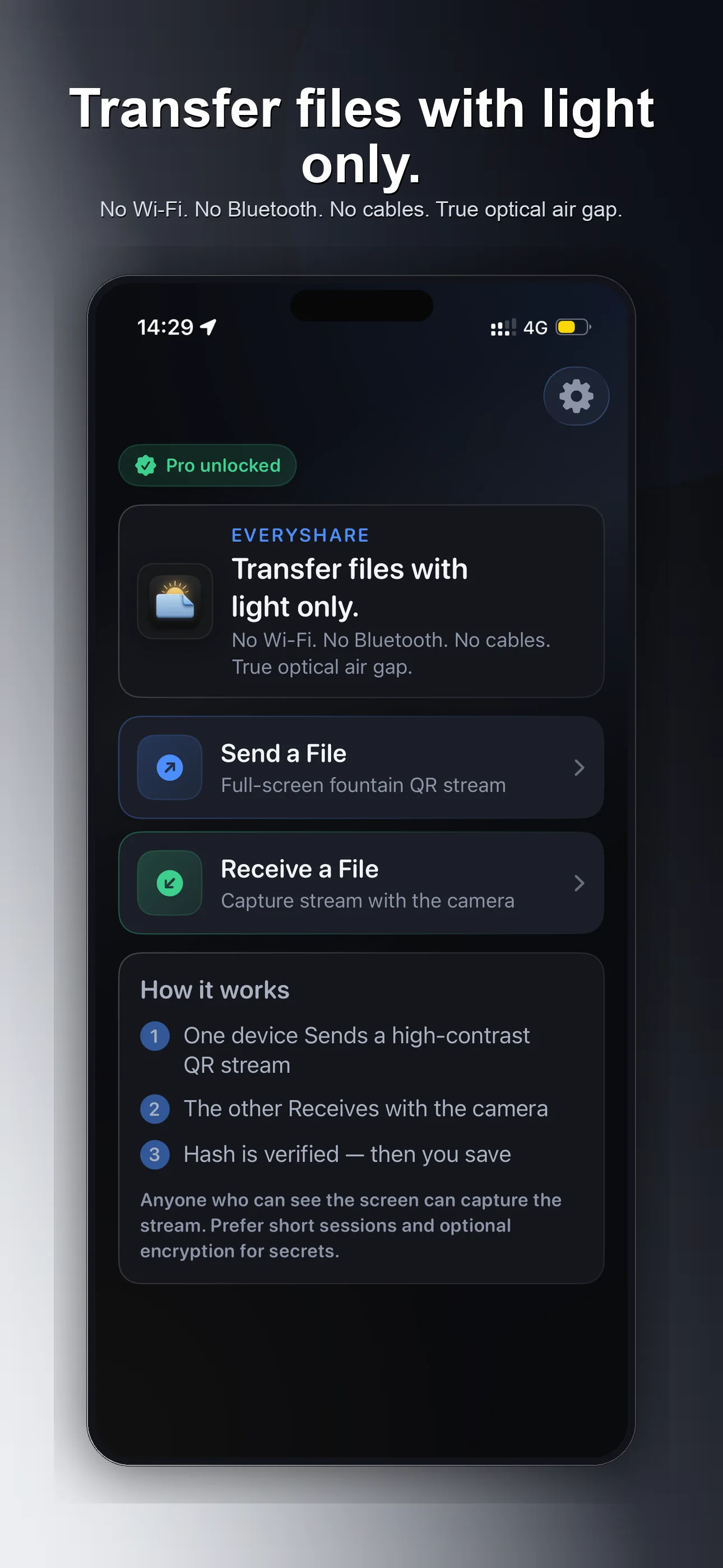 ShareByLight home screen with Send and Receive