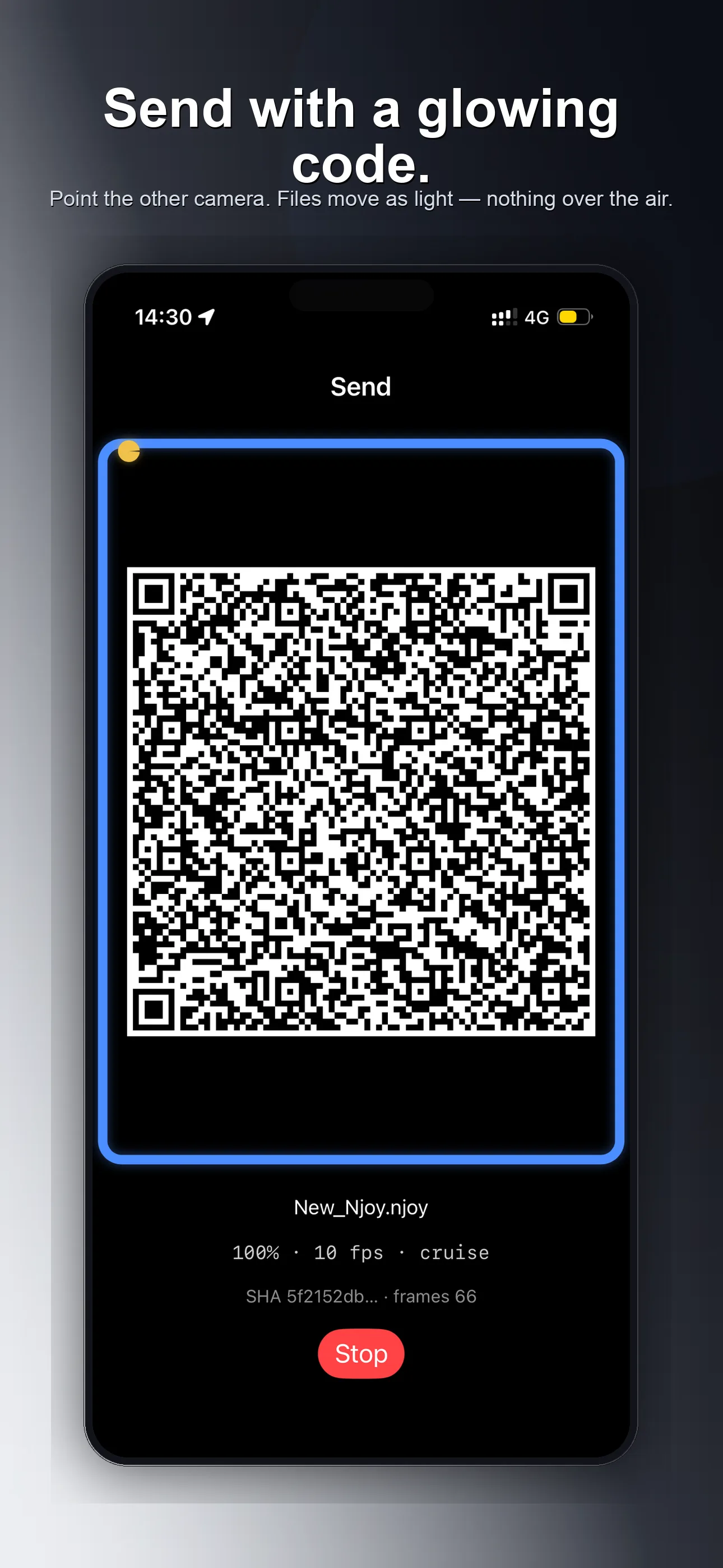 ShareByLight send screen showing a live optical code stream