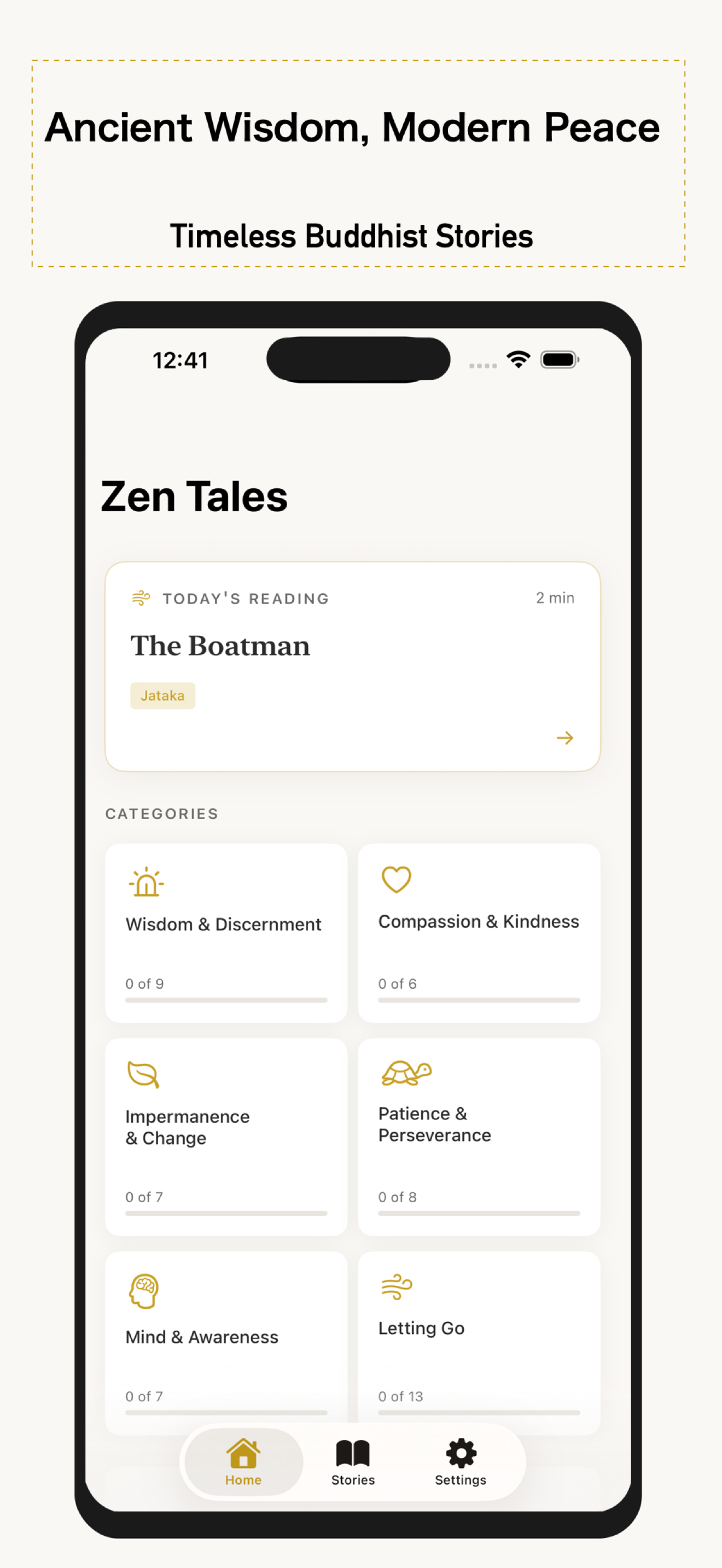 Zen Tales home screen showing story collection