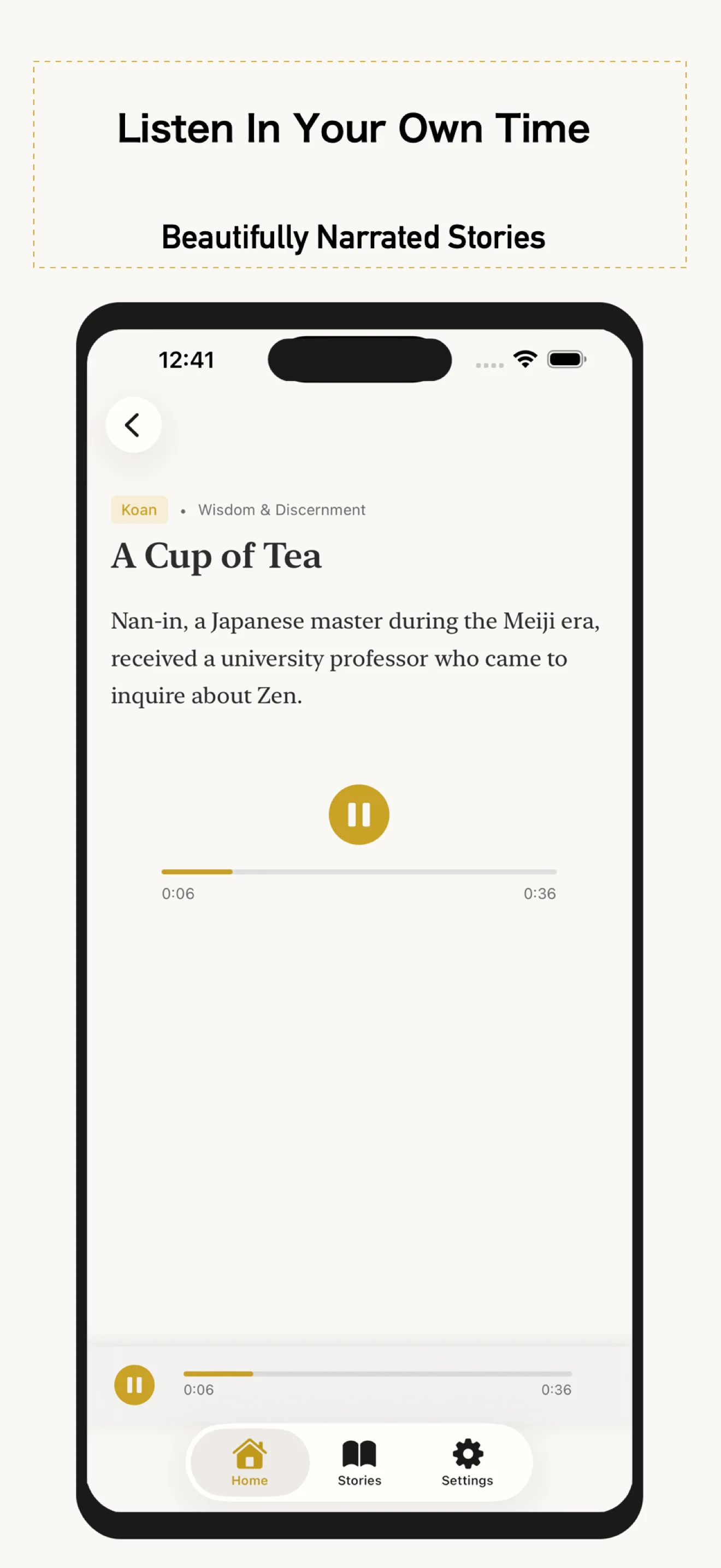 Zen Tales playback screen with text-to-speech